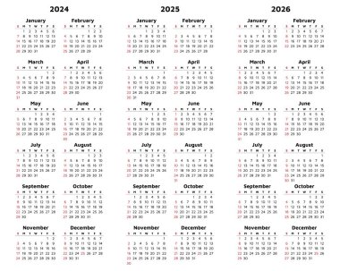 Vektör 2024, 2025, 2026 dikey takvim. Modern illüstrasyon. Yılınızı takvim biçimine göre planlayın