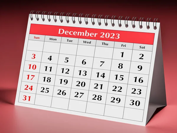 December 2023. One page of the annual business desk monthly calendar. 3d rendering