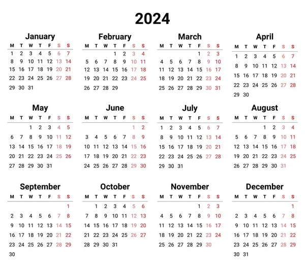 2024 Engelse Kalender Horizontaal Week Begint Maandag Sompele Vectorillustratie Plan — Stockvector