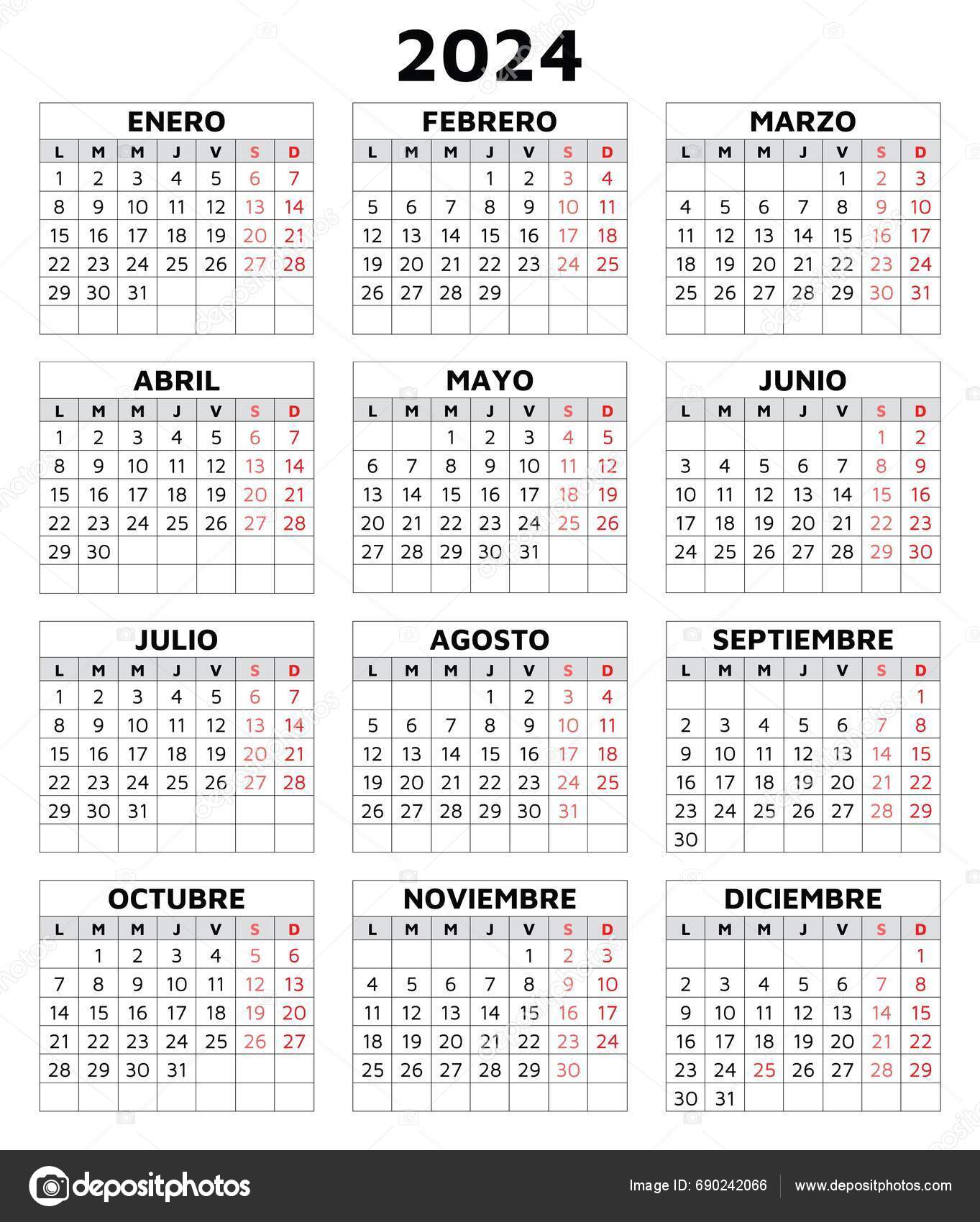 2024 Spanish Calendar Simple Printable Vector Template Grid ...