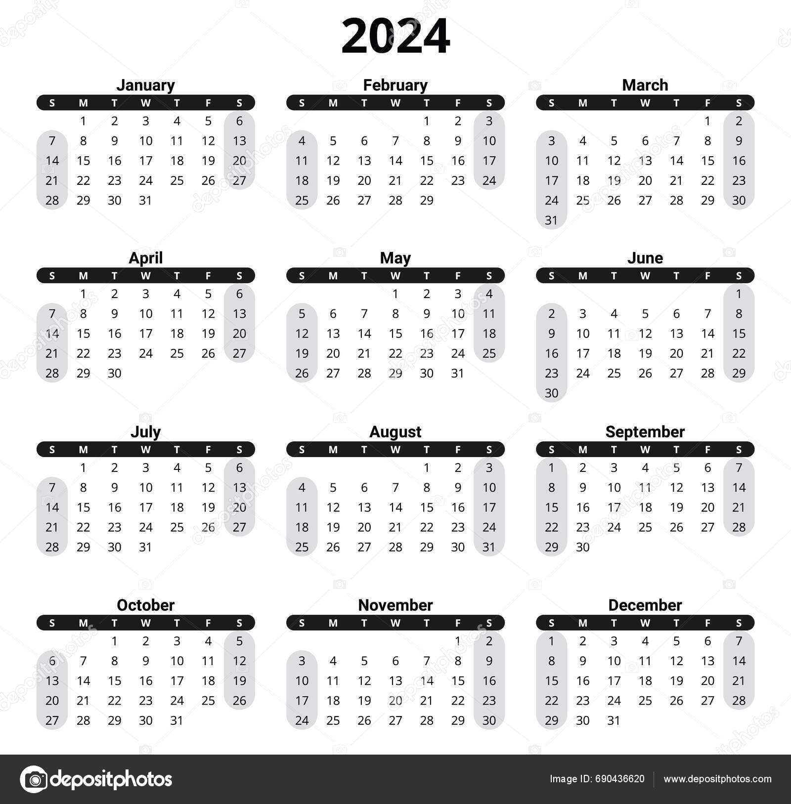 2024 english calendar vertical week starts sunday printable vector