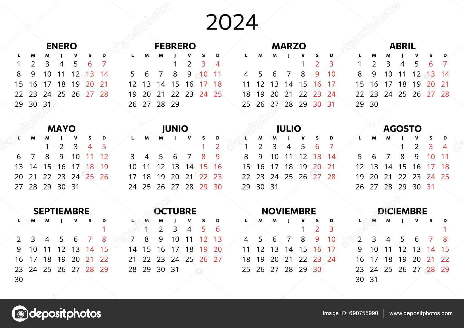 2024 Spanish Calendar Printable Vector Illustration Spain Months Year