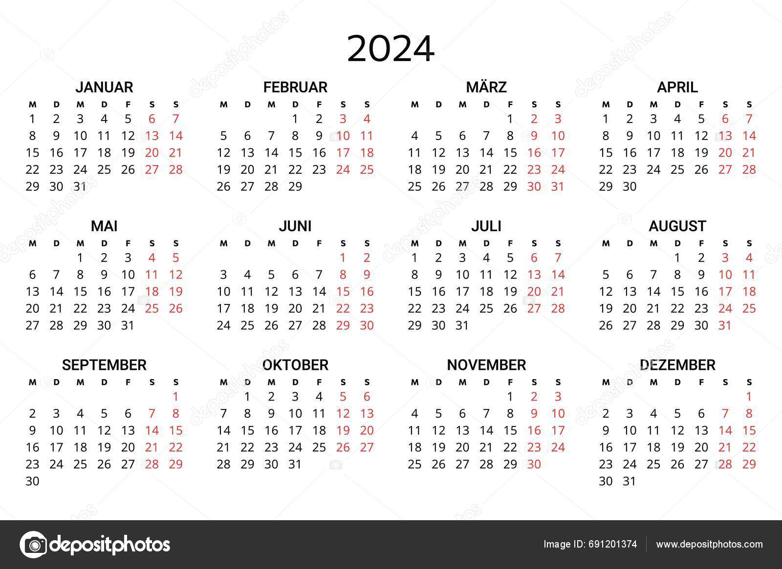 2024 Calendário Alemão Ilustração Vetorial Imprimível Editável Para