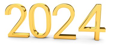 Altın renkli yeni yıl kavramları. 2024 numaralı tatil. 3d oluşturma