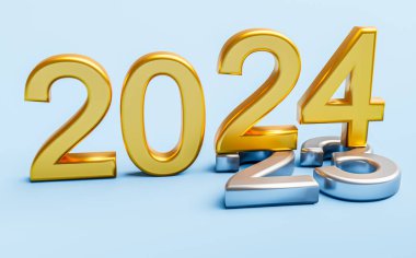 Yeni yıl 2024 tatil konsepti. 2024 numaralı altın 2023 'te yatıyor. 3d oluşturma