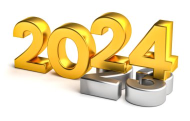 Yeni yıl 2024 tatil konsepti. 2024 numaralı altın 2023 'te yatıyor. 3d oluşturma
