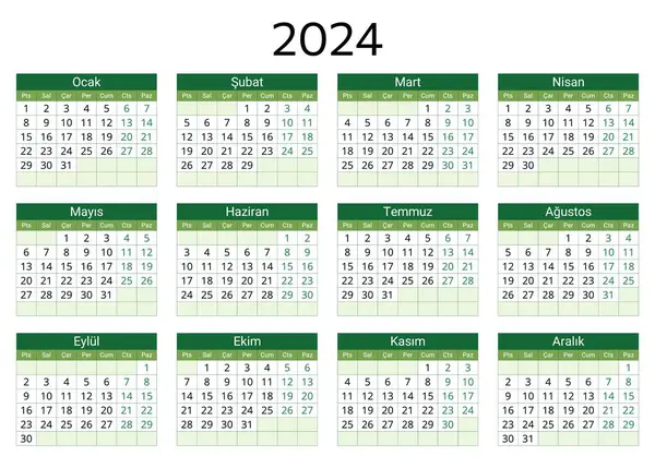2024 Türkischer Kalender Druckbare Editierbare Vektorillustration Für Die Türkei Monate — Stockvektor