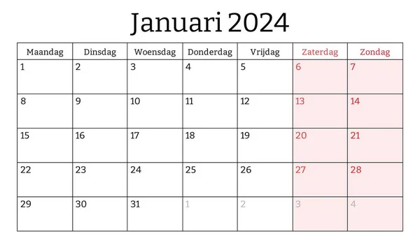 Januari 2024 Holländska Månad Kalender Vektor Tryckbar Illustration Månadsplanering För — Stock vektor