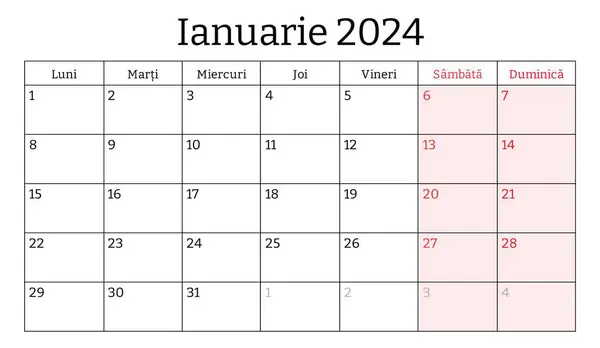Januar 2024 Rumänischer Monatskalender Vektor Druckbare Illustration Monatliche Planung Für — Stockvektor