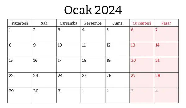 Januari 2024 Turkisk Månad Kalender Vektor Tryckbar Illustration Månatlig Planering — Stock vektor