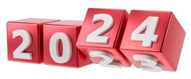 Yeni yıl tatili konsepti. 2024 numaralı küpler 2023 'ün yerini alıyor. 3d oluşturma