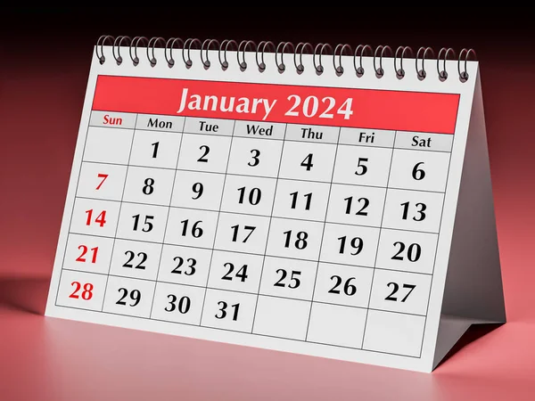 January 2024 calendar. One page of the annual business desk monthly calendar. 3d rendering