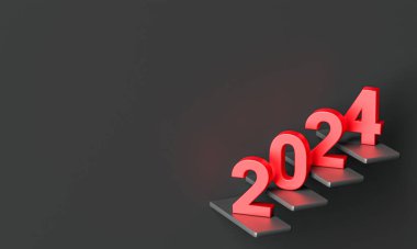 Yeni yıl kavramları. Boş kopya alanı arkaplanı olan basamaklarda kırmızı numara 2024. 3d oluşturma