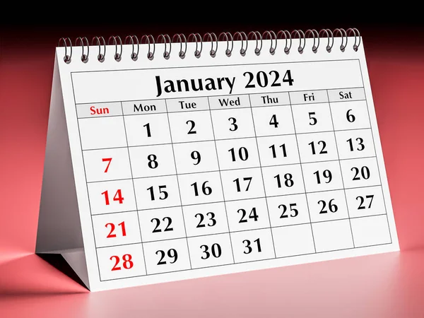 January 2024 calendar. One page of the annual business desk monthly calendar. 3d rendering