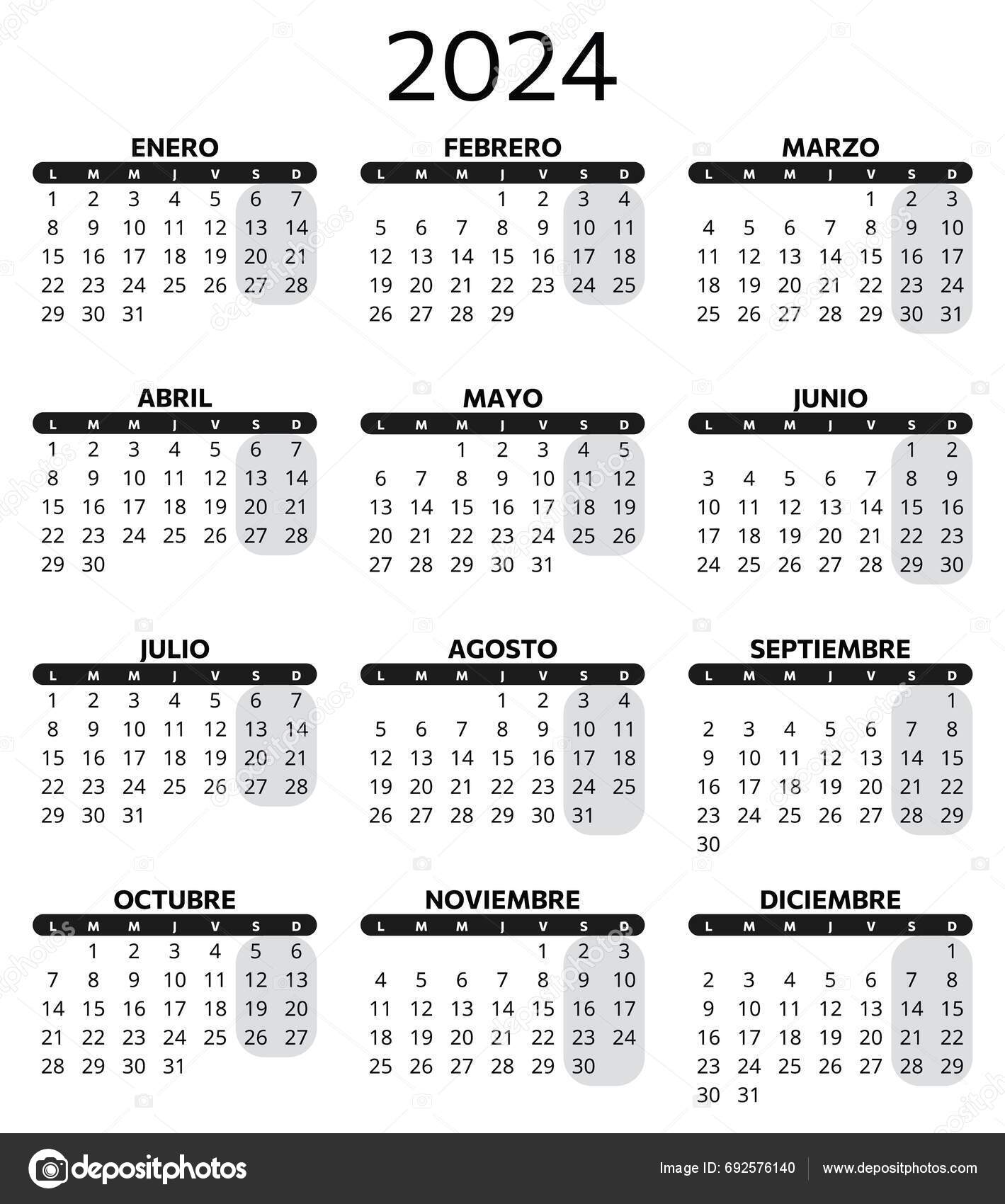 Spanish 2024 Calendar Editable Vector Template Illustration Spain