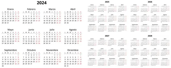 2024, 2025, 2026, 2027, 2028 dikey İspanyol takvimi. İspanya için basılabilir vektör illüstrasyonu ayarlandı. Yılınızı takvim biçimine göre planlayın