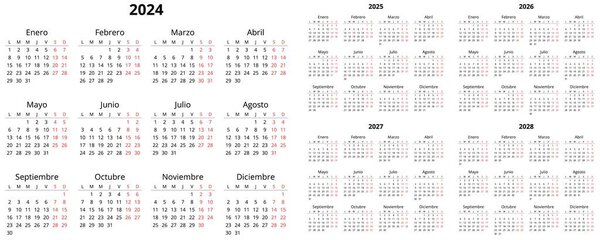 2024, 2025, 2026, 2027, 2028 вертикальные испанские календари. Набор векторных иллюстраций для печати в Испании. Планируйте свой год со стилем календаря