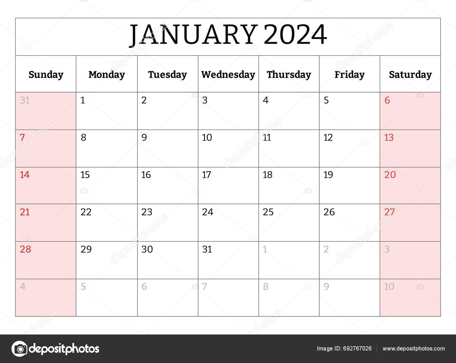 English January 2024 Calendar Vector Editable Illustration Monthly ...