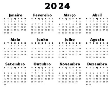 2024 Porto Riko takvimi. Portekiz için siyah renkli basit bir vektör şablonu çizimi. Yılını planla