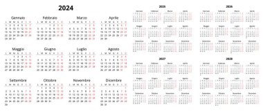 2024, 2025, 2026, 2027, 2028 İtalyan takvimi. İtalya için basılabilir vektör illüstrasyonu ayarlandı. Yılınızı takvim biçimine göre planlayın