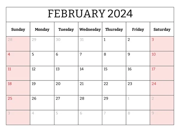 Februari 2024 Engels Maand Kalender Vector Printbare Illustratie Maandelijkse Planning — Stockvector