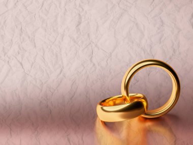 Grunge illustration of two wedding gold rings with blank vintage retro paper background. Unity concepts.