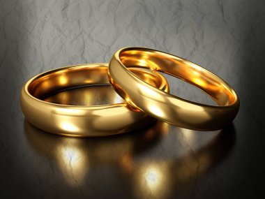 Illustration of two wedding golden rings on grunge background. Unity concepts. 