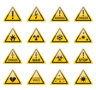 Collection of vector icons conveying warnings and alerts symbols of caution, attention, and safety in yellow triangles.
