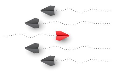 Bireysellik kavramı. Farklı düşün. Bireysel ve benzersiz kırmızı kağıt uçak karşı tarafa uçar. Vektör illüstrasyonu 