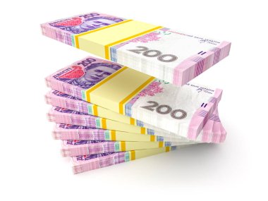 Ukrayna Hryvnia 'sı. 200 banknotla birlikte bir yığın Ukrayna parası (grivna, Hryvna). Beyazda izole edilmiş