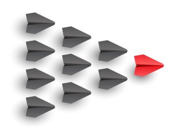 İş ve liderlik kavramları. Uçaklar onları yöneten lideri takip ediyor. Vektör illüstrasyonu