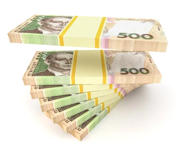 Ukrayna Hryvnia 'sı. 500 banknotla birlikte bir yığın Ukrayna parası (grivna, Hryvna). Beyazda izole edilmiş