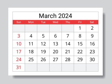 Mart 2024 İngiliz takvimine göre. Vektör yazdırılabilir illüstrasyon. Etkinlikleriniz için aylık planlama