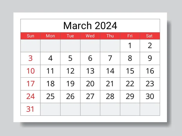 Maart 2024 Engels Maand Kalender Vector Printbare Illustratie Maandelijkse Planning — Stockvector