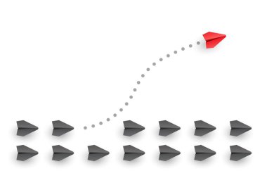 Bireysellik kavramları. Eşsiz lider kırmızı kağıttan uçak yana uçuyor. Vektör illüstrasyonu 