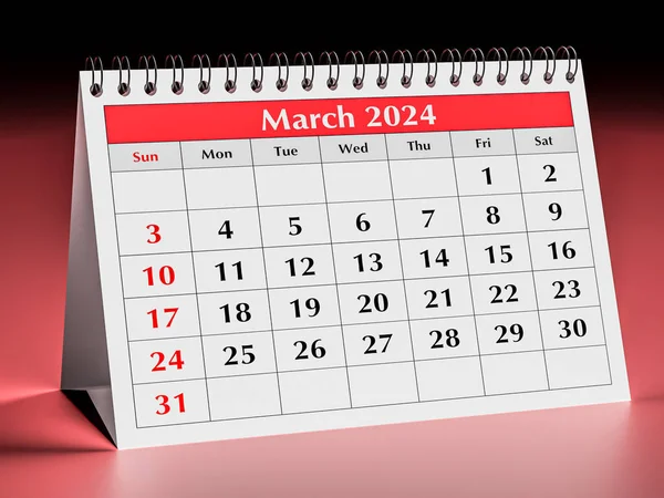March 2024 calendar. One page of the annual business desk monthly calendar in spring