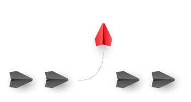 Bireysellik kavramı. Bireysel ve benzersiz lider kırmızı kağıt uçak yana doğru uçuyor. Vektör illüstrasyonları