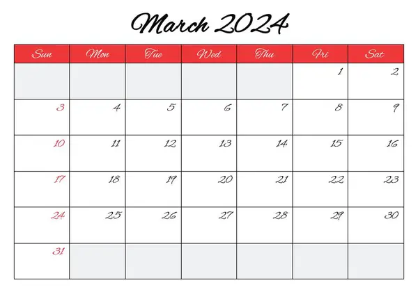 Maart 2024 Engels Maand Kalender Vector Printbare Illustratie Maandelijkse Planning — Stockvector