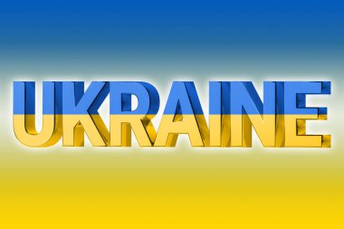 Ukrayna ulusal bayrağının arka planında mavi ve sarı renkli UKRAINE kelimesi