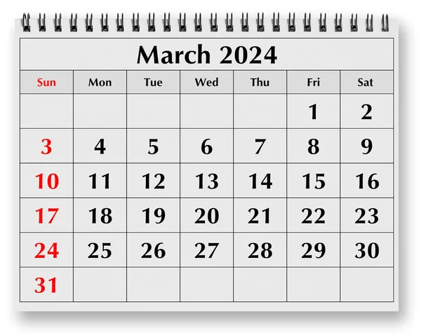 One page of the annual monthly calendar - spring month March 2024