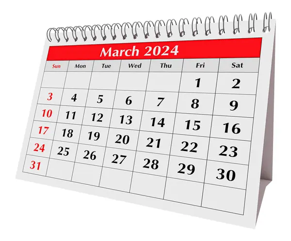 Март 2024 Календарь Страница Годового Календаря Рабочего Стола Месяц Изолирован — стоковое фото
