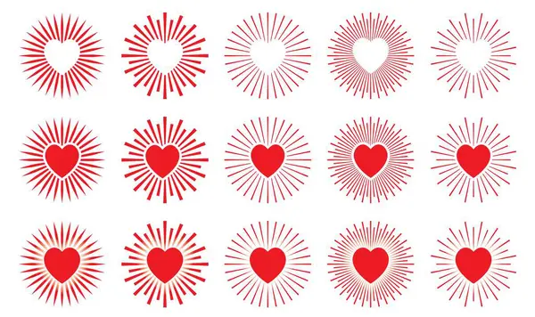 Коллекция Форм Сердца Фоне Солнечных Лучей Цвет Сердца Очертания Белый — стоковый вектор