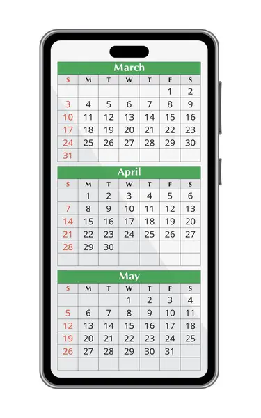 Мобільний Календар 2024 Рік Весняними Місяцями Березень Квітень Травень Векторні — стоковий вектор