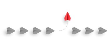 Bireysellik kavramı. Bireysel ve benzersiz lider kırmızı kağıt uçak yan yana uçar. Vektör illüstrasyonu 