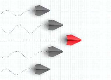 Bireysel lider kağıt uçak şebeke arka planında diğerini yönlendiriyor. İş ve liderlik kavramı. Vektör illüstrasyonu 