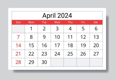 Nisan 2024 İngiliz takvimine göre. Vektör yazdırılabilir illüstrasyon. Etkinlikleriniz için aylık planlama