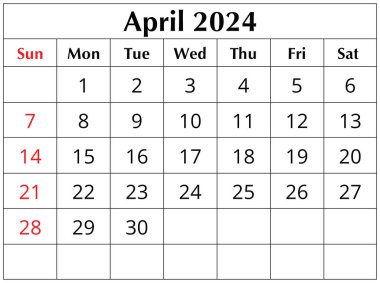 Nisan 2024 İngiliz takvimine göre. basılabilir illüstrasyon. Aylık planlama