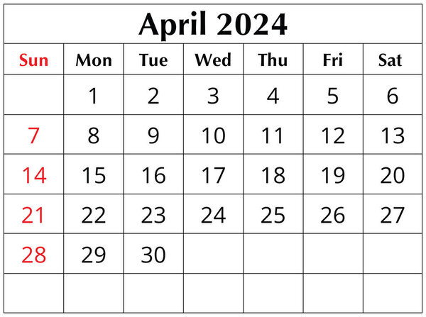 April 2024 ENGLISH month calendar. printable illustration. Monthly planning