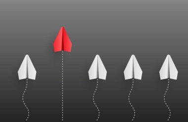 Bireysellik kavramı. Bireysel ve benzersiz lider kırmızı kağıt uçak önce uçuyor. Vektör illüstrasyonları