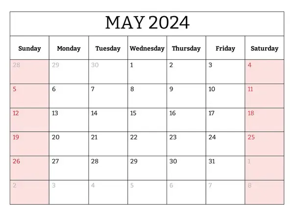 Maio 2024 Calendário Mês Inglês Ilustração Para Impressão Vetorial Planejamento —  Vetores de Stock